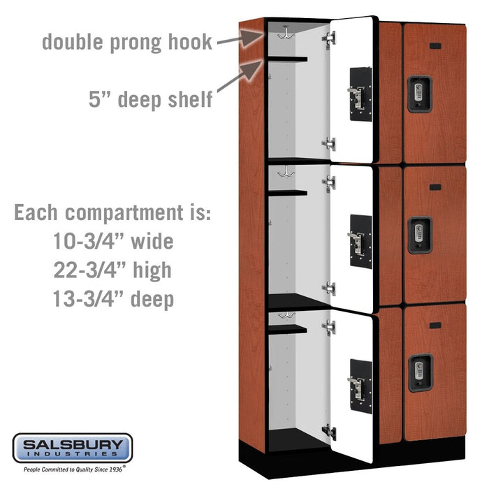 Salsbury 12" Wide Triple Tier Designer Wood Locker - 3 Wide - 6 Feet High - 15 Inches Deep - Cherry - Silver Resettable Combination Locks - Sweatfully