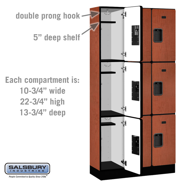 Salsbury 12" Wide Triple Tier Designer Wood Locker - 3 Wide - 6 Feet High - 15 Inches Deep - Cherry - Hasps - Sweatfully