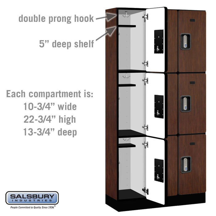 Salsbury 12" Wide Triple Tier Designer Wood Locker - 3 Wide - 6 Feet High - 15 Inches Deep - Mahogany - Silver Electronic Locks - Sweatfully
