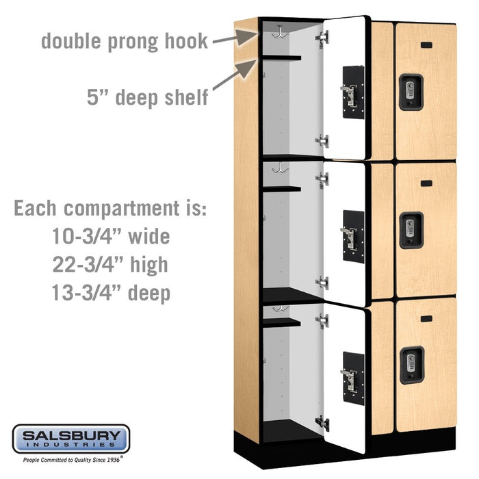 Salsbury 12" Wide Triple Tier Designer Wood Locker - 3 Wide - 6 Feet High - 15 Inches Deep - Maple - Silver Resettable Combination Locks - Sweatfully