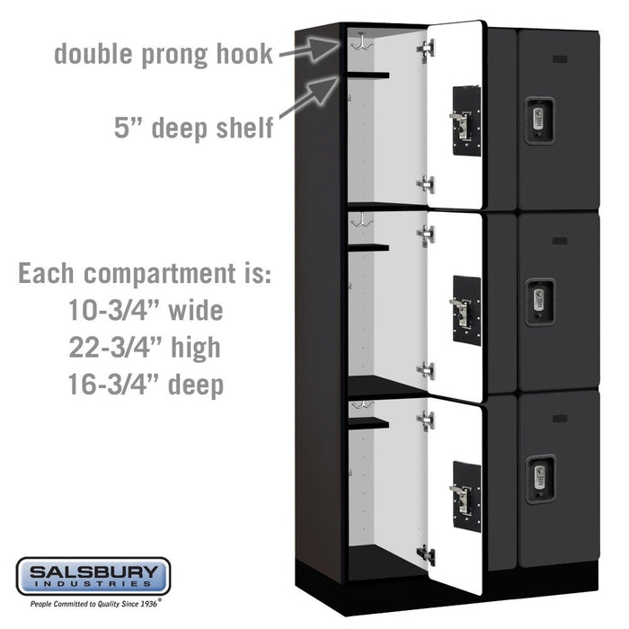 Salsbury 12" Wide Triple Tier Designer Wood Locker - 3 Wide - 6 Feet High - 18 Inches Deep - Black - Silver Resettable Combination Locks - Sweatfully