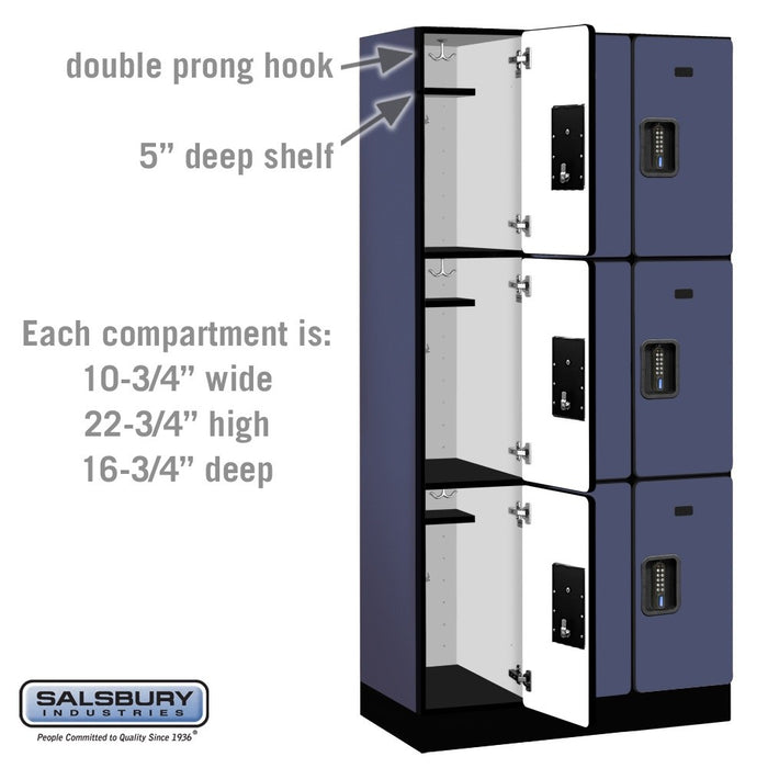 Salsbury 12" Wide Triple Tier Designer Wood Locker - 3 Wide - 6 Feet High - 18 Inches Deep - Blue - Black Electronic Locks - Sweatfully