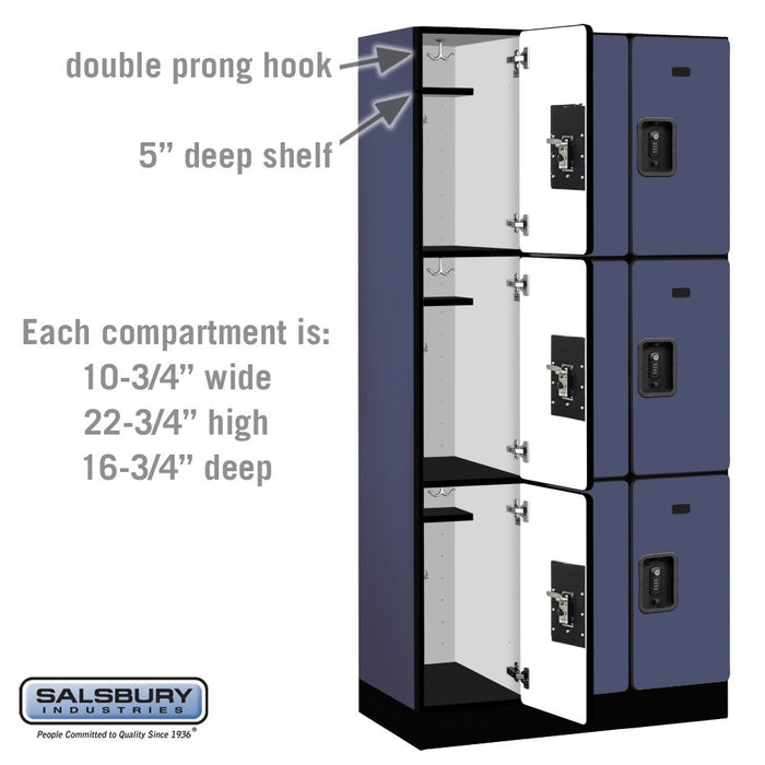 Salsbury 12" Wide Triple Tier Designer Wood Locker - 3 Wide - 6 Feet High - 18 Inches Deep - Blue - Black Resettable Combination Locks - Sweatfully