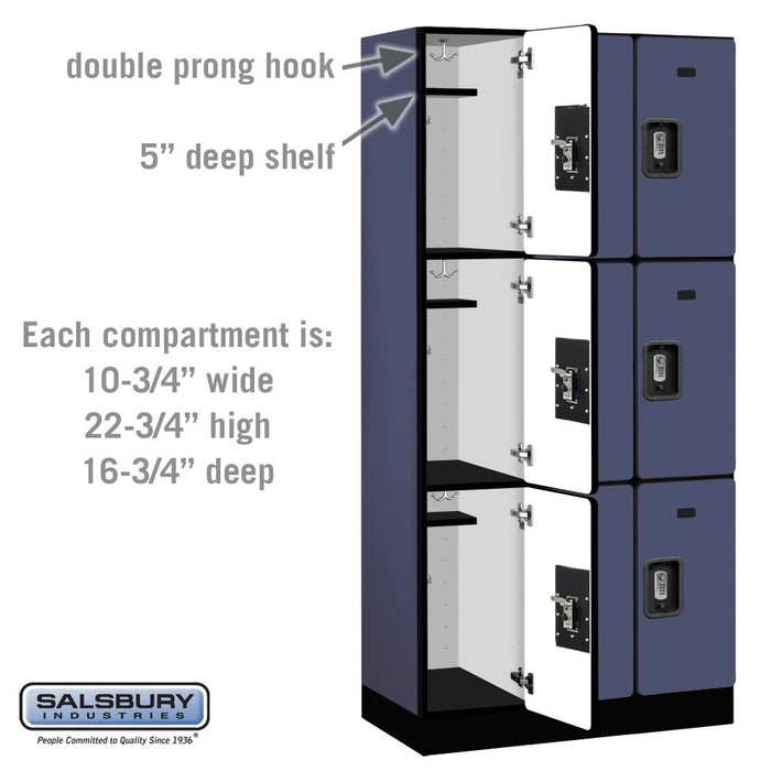 Salsbury 12" Wide Triple Tier Designer Wood Locker - 3 Wide - 6 Feet High - 18 Inches Deep - Blue - Silver Resettable Combination Locks - Sweatfully