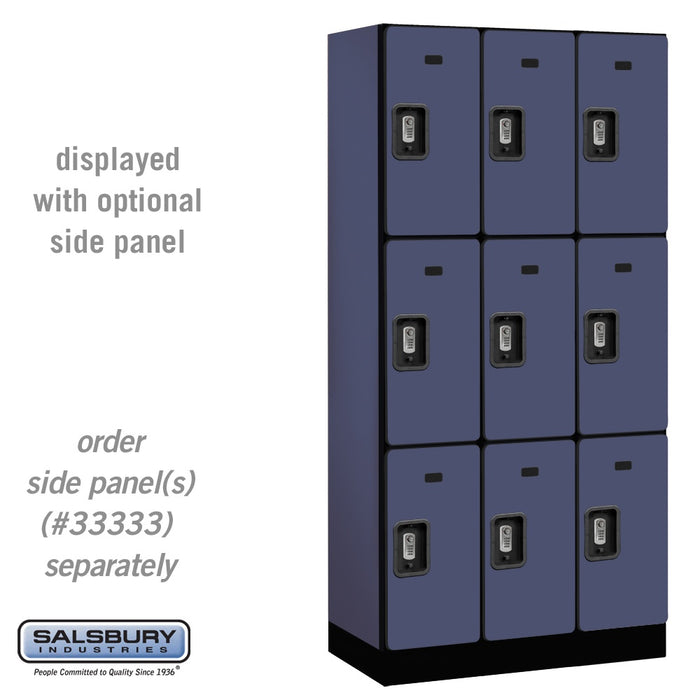 Salsbury 12" Wide Triple Tier Designer Wood Locker - 3 Wide - 6 Feet High - 18 Inches Deep - Blue - Silver Resettable Combination Locks - Sweatfully
