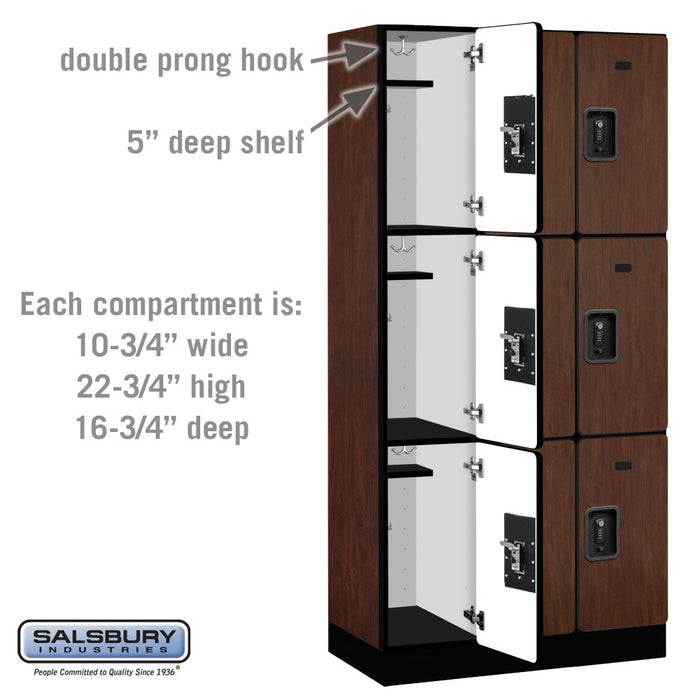 Salsbury 12" Wide Triple Tier Designer Wood Locker - 3 Wide - 6 Feet High - 18 Inches Deep - Mahogany - Black Resettable Combination Locks - Sweatfully