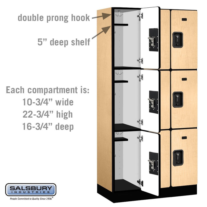 Salsbury 12" Wide Triple Tier Designer Wood Locker - 3 Wide - 6 Feet High - 18 Inches Deep - Maple - Black Resettable Combination Locks - Sweatfully