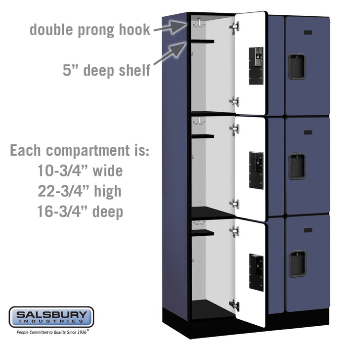 Salsbury 12" Wide Triple Tier Designer Wood Locker - 3 Wide - 6 Feet High - 18 Inches Deep - Blue - Hasps - Sweatfully