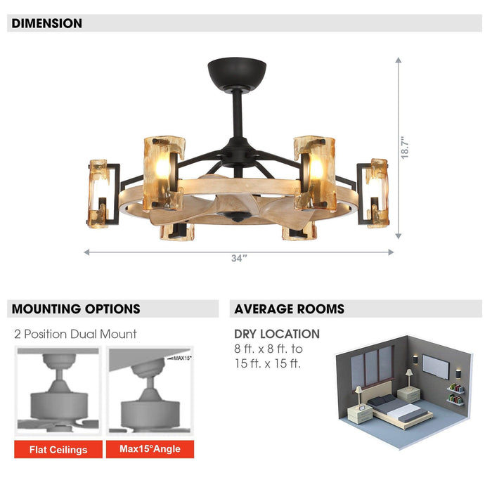 34" Bucholz Farmhouse DC Motor Downrod Mount Reversible Ceiling Fan with Lighting and Remote Control - Sweatfully