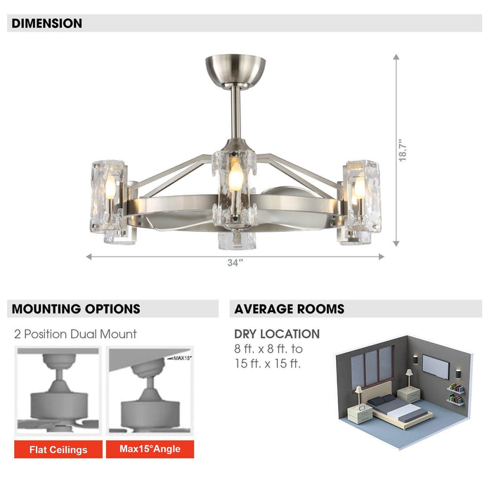 34" Bucholz Modern DC Motor Brushed Nickel Downrod Mount Reversible Ceiling Fan with LED Lighting and Remote Control - Sweatfully