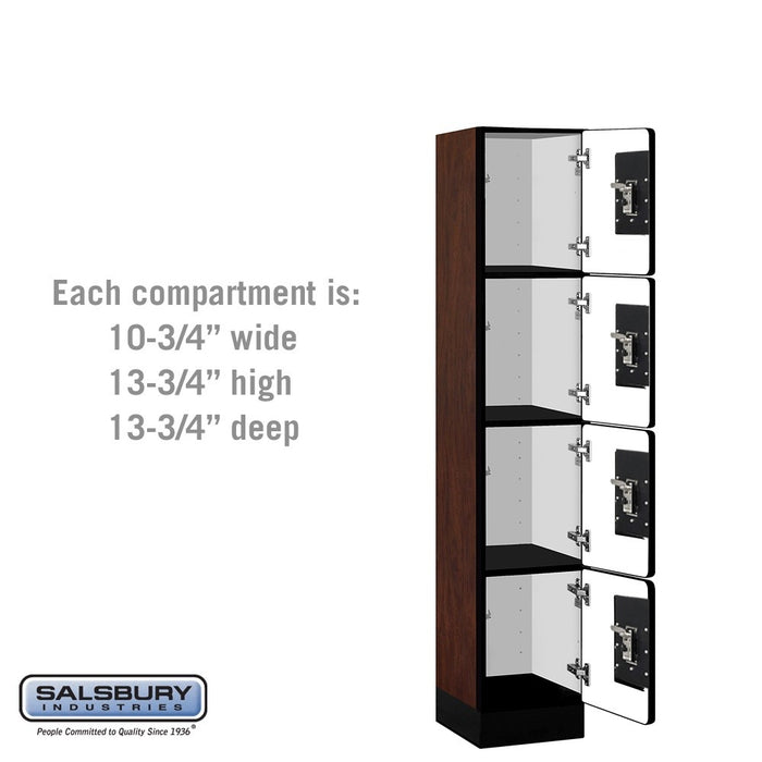 Salsbury 12" Wide Four Tier Designer Wood Locker - 1 Wide - 5 Feet High - 15 Inches Deep - Mahogany - Black Resettable Combination Locks - Sweatfully