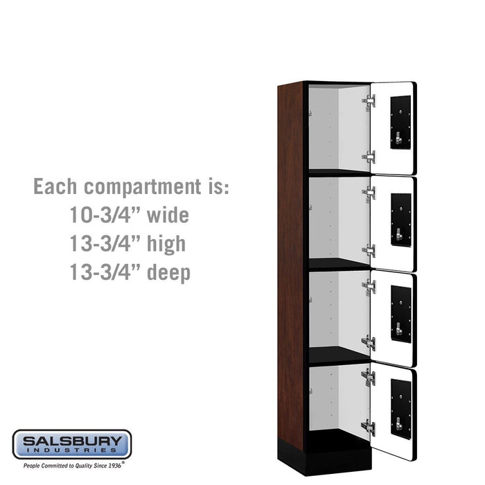 Salsbury 12" Wide Four Tier Designer Wood Locker - 1 Wide - 5 Feet High - 15 Inches Deep - Mahogany - Silver Electronic Locks - Sweatfully