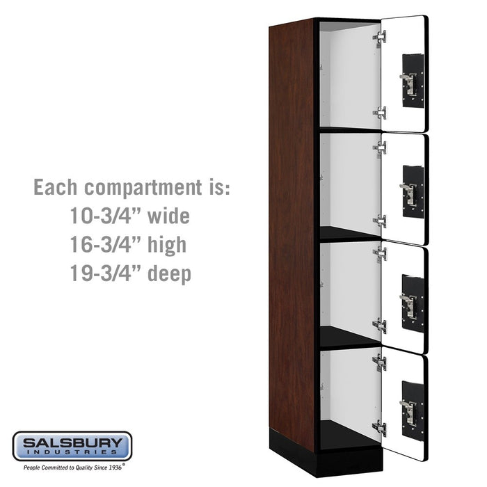 Salsbury 12" Wide Four Tier Designer Wood Locker - 1 Wide - 6 Feet High - 21 Inches Deep - Mahogany - Silver Resettable Combination Locks - Sweatfully