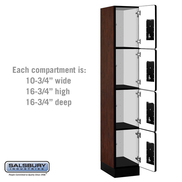 Salsbury 12" Wide Four Tier Designer Wood Locker - 1 Wide - 6 Feet High - 18 Inches Deep - Mahogany - Black Electronic Locks - Sweatfully