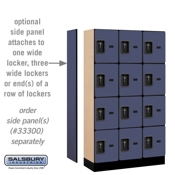 Salsbury 12" Wide Four Tier Designer Wood Locker - 3 Wide - 5 Feet High - 15 Inches Deep - Blue - Black Resettable Combination Locks - Sweatfully