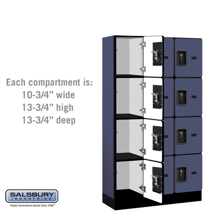 Salsbury 12" Wide Four Tier Designer Wood Locker - 3 Wide - 5 Feet High - 15 Inches Deep - Blue - Black Resettable Combination Locks - Sweatfully