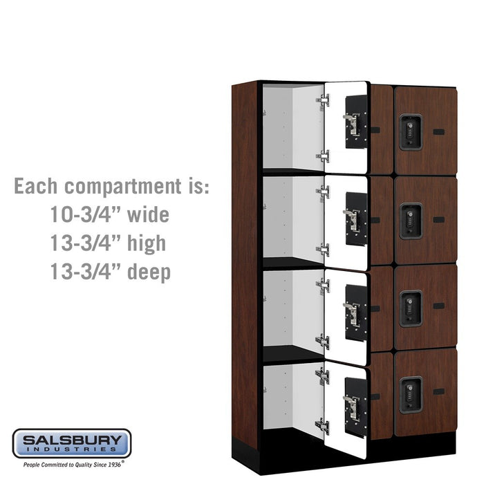 Salsbury 12" Wide Four Tier Designer Wood Locker - 3 Wide - 5 Feet High - 15 Inches Deep - Mahogany - Black Resettable Combination Locks - Sweatfully