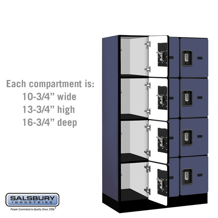 Salsbury 12" Wide Four Tier Designer Wood Locker - 3 Wide - 5 Feet High - 18 Inches Deep - Blue - Silver Resettable Combination Locks - Sweatfully