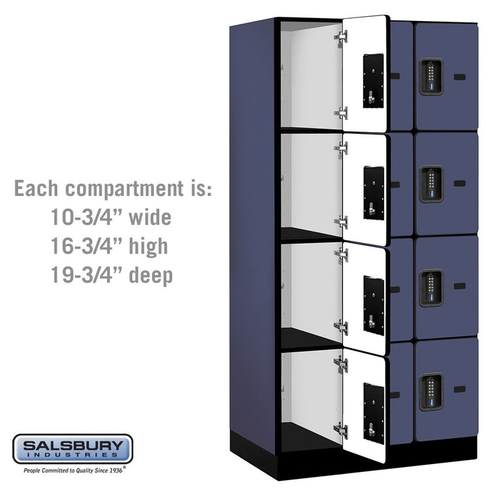 Salsbury 12" Wide Four Tier Designer Wood Locker - 3 Wide - 6 Feet High - 21 Inches Deep - Blue - Black Electronic Locks - Sweatfully