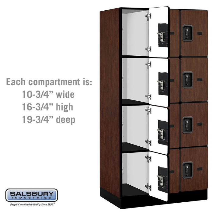 Salsbury 12" Wide Four Tier Designer Wood Locker - 3 Wide - 6 Feet High - 21 Inches Deep - Mahogany - Black Resettable Combination Locks - Sweatfully