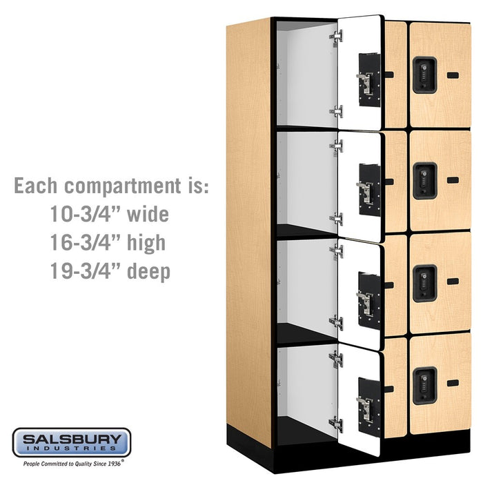 Salsbury 12" Wide Four Tier Designer Wood Locker - 3 Wide - 6 Feet High - 21 Inches Deep - Maple - Black Resettable Combination Locks - Sweatfully