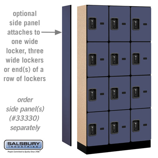Salsbury 12" Wide Four Tier Designer Wood Locker - 3 Wide - 6 Feet High - 15 Inches Deep - Blue - Black Resettable Combination Locks - Sweatfully