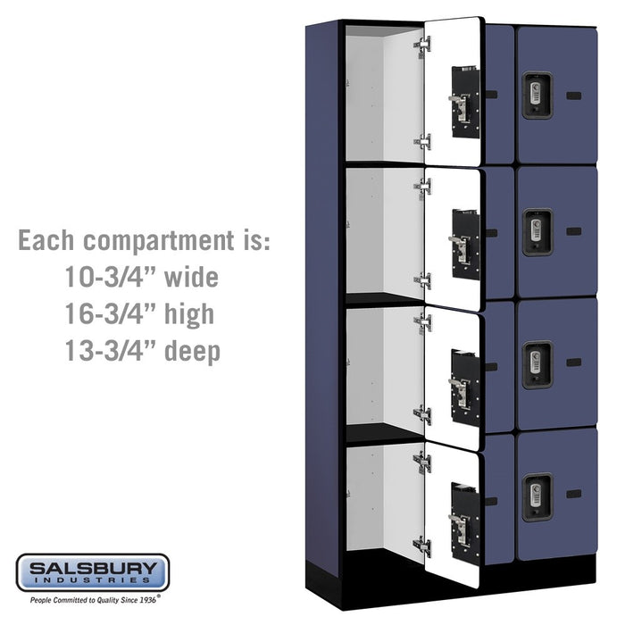 Salsbury 12" Wide Four Tier Designer Wood Locker - 3 Wide - 6 Feet High - 15 Inches Deep - Blue - Silver Resettable Combination Locks - Sweatfully