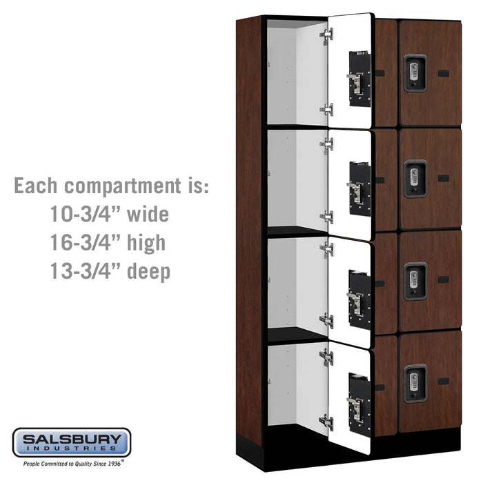 Salsbury 12" Wide Four Tier Designer Wood Locker - 3 Wide - 6 Feet High - 15 Inches Deep - Mahogany - Silver Resettable Combination Locks - Sweatfully