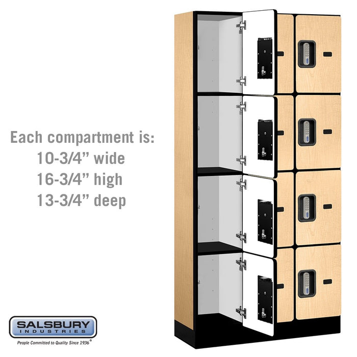 Salsbury 12" Wide Four Tier Designer Wood Locker - 3 Wide - 6 Feet High - 15 Inches Deep - Maple - Silver Electronic Locks - Sweatfully