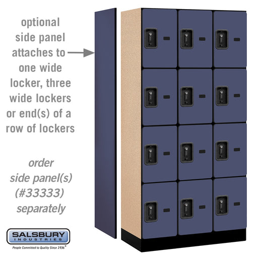 Salsbury 12" Wide Four Tier Designer Wood Locker - 3 Wide - 6 Feet High - 18 Inches Deep - Blue - Black Resettable Combination Locks - Sweatfully
