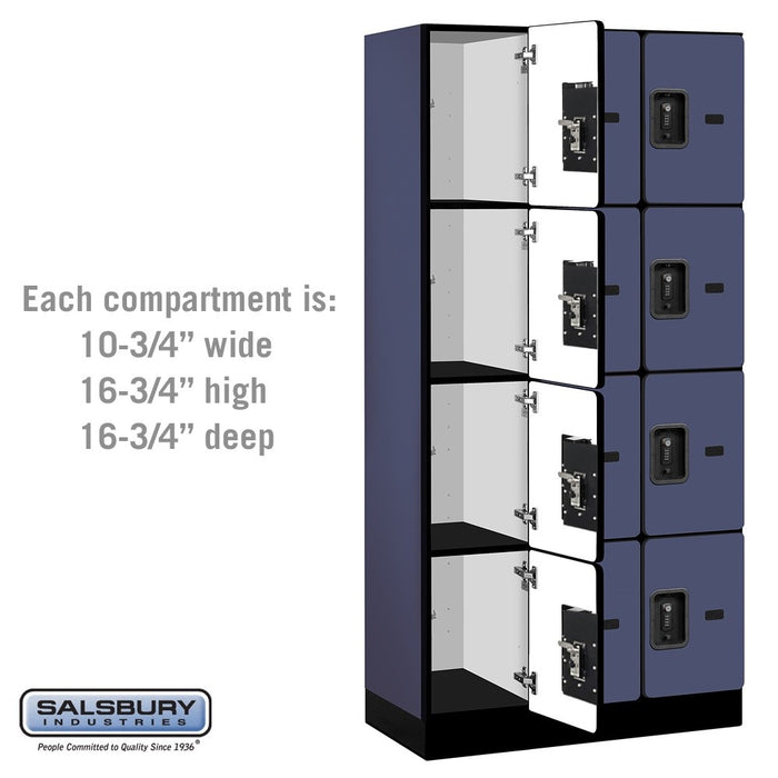 Salsbury 12" Wide Four Tier Designer Wood Locker - 3 Wide - 6 Feet High - 18 Inches Deep - Blue - Black Resettable Combination Locks - Sweatfully