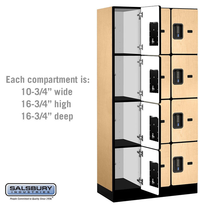 Salsbury 12" Wide Four Tier Designer Wood Locker - 3 Wide - 6 Feet High - 18 Inches Deep - Maple - Black Electronic Locks - Sweatfully