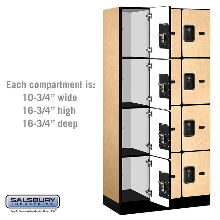 Salsbury 12" Wide Four Tier Designer Wood Locker - 3 Wide - 6 Feet High - 18 Inches Deep - Maple - Black Resettable Combination Locks - Sweatfully