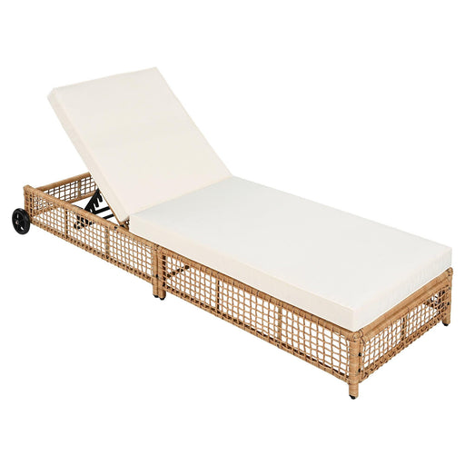 Outdoor Lounge Chair, Patio Chaise Lounge with 5-Position Backrest, Rattan Outdoor Lounge Chair with Cushion and Wheels for Poolside, Backyard, Garden - Sweatfully