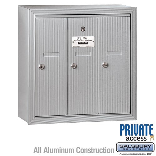 Salsbury Vertical Mailbox (Includes Master Commercial Lock) - 3 Doors - Aluminum - Surface Mounted - Private Access - Sweatfully
