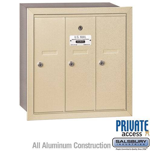 Salsbury Vertical Mailbox (Includes Master Commercial Lock) - 3 Doors - Sandstone - Recessed Mounted - Private Access - Sweatfully