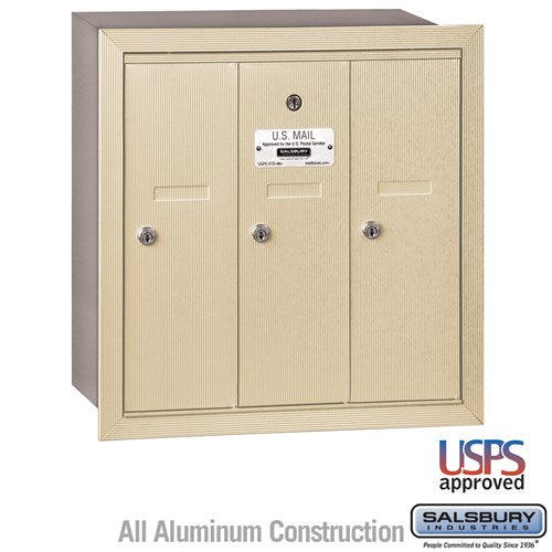 Salsbury Vertical Mailbox - 3 Doors - Sandstone - Recessed Mounted - USPS Access - Sweatfully