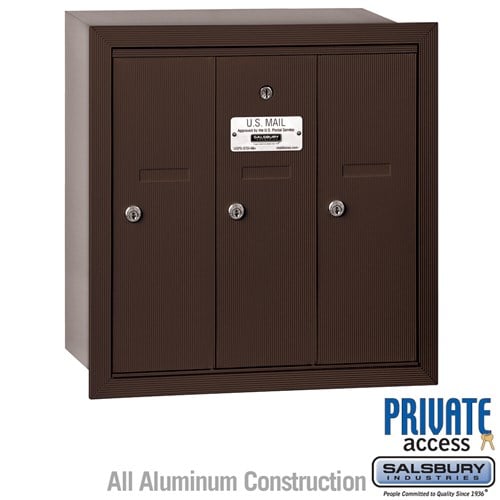 Salsbury Vertical Mailbox (Includes Master Commercial Lock) - 3 Doors - Bronze - Recessed Mounted - Private Access - Sweatfully