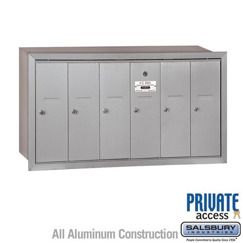 Salsbury Vertical Mailbox (Includes Master Commercial Lock) - 6 Doors - Aluminum - Recessed Mounted - Private Access - Sweatfully