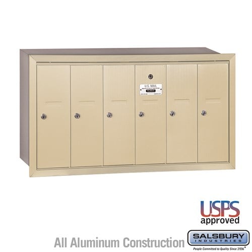 Salsbury Vertical Mailbox - 6 Doors - Sandstone - Recessed Mounted - USPS Access - Sweatfully