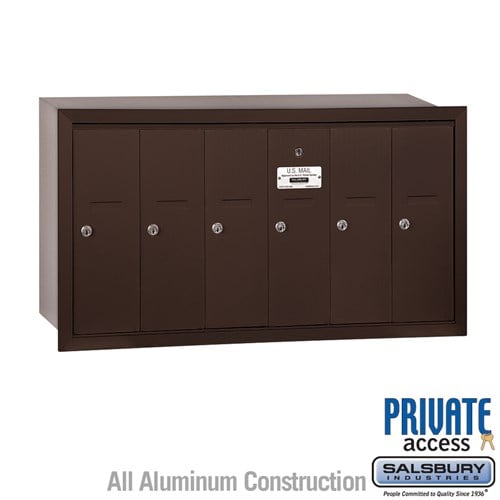 Salsbury Vertical Mailbox (Includes Master Commercial Lock) - 6 Doors - Bronze - Recessed Mounted - Private Access - Sweatfully