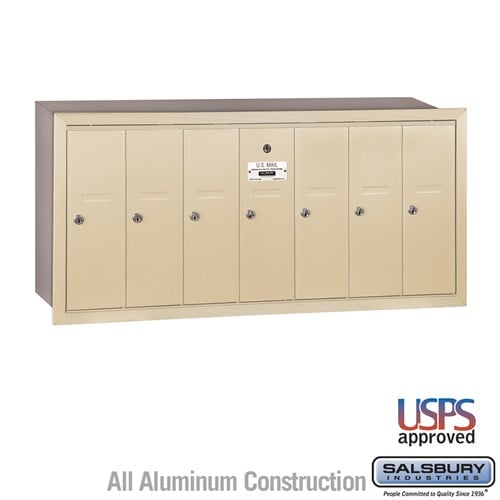 Salsbury Vertical Mailbox - 7 Doors - Sandstone - Recessed Mounted - USPS Access - Sweatfully