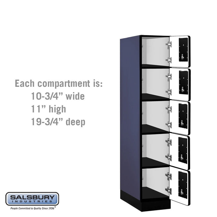 Salsbury 12" Wide Five Tier Box Style Designer Wood Locker - 1 Wide - 5 Feet High - 21 Inches Deep - Blue - Silver Electronic Locks - Sweatfully