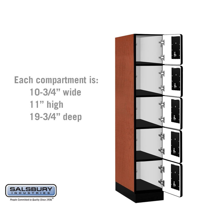 Salsbury 12" Wide Five Tier Box Style Designer Wood Locker - 1 Wide - 5 Feet High - 21 Inches Deep - Cherry - Black Electronic Locks - Sweatfully