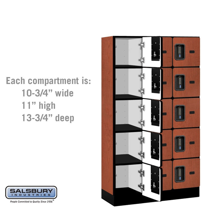 Salsbury 12" Wide Five Tier Box Style Designer Wood Locker - 3 Wide - 5 Feet High - 15 Inches Deep - Cherry - Black Electronic Locks - Sweatfully