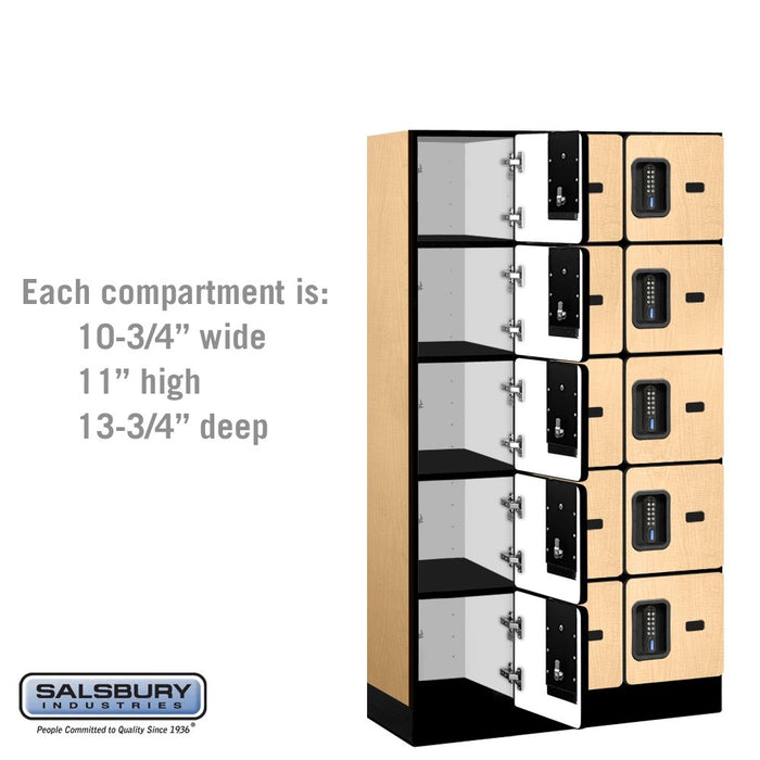 Salsbury 12" Wide Five Tier Box Style Designer Wood Locker - 3 Wide - 5 Feet High - 15 Inches Deep - Maple - Black Electronic Locks - Sweatfully
