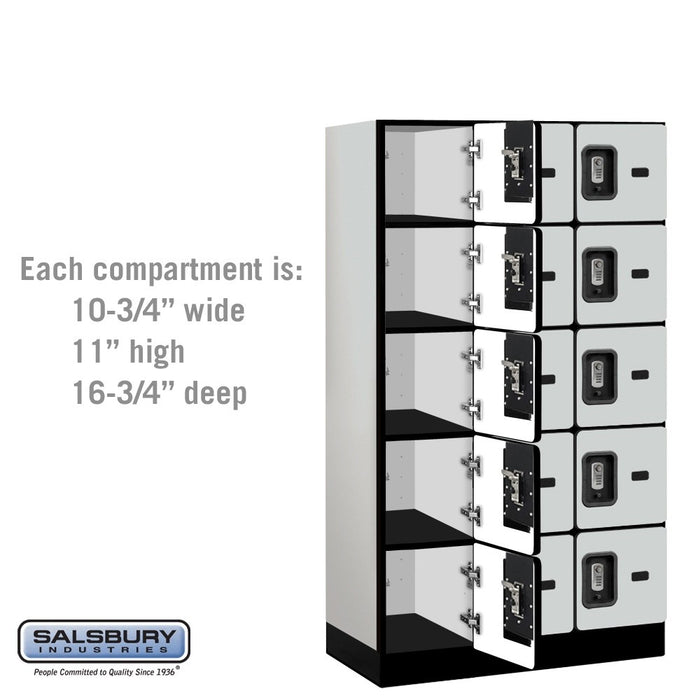 Salsbury 12" Wide Five Tier Box Style Designer Wood Locker - 3 Wide - 5 Feet High - 18 Inches Deep - Gray - Silver Resettable Combination Locks - Sweatfully