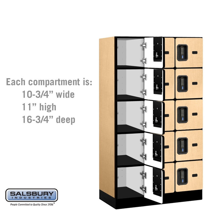 Salsbury 12" Wide Five Tier Box Style Designer Wood Locker - 3 Wide - 5 Feet High - 18 Inches Deep - Maple - Black Electronic Locks - Sweatfully