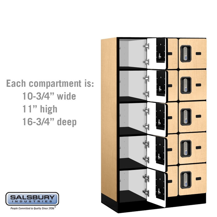 Salsbury 12" Wide Five Tier Box Style Designer Wood Locker - 3 Wide - 5 Feet High - 18 Inches Deep - Maple - Silver Electronic Locks - Sweatfully
