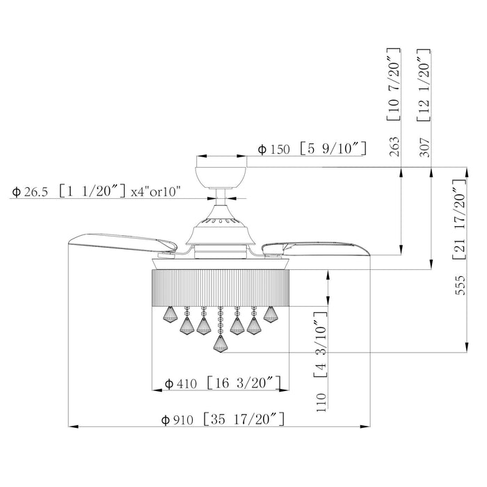36" Bangaiore Modern Downrod Mount Crystal Ceiling Fan with Lighting and Remote Control - Sweatfully
